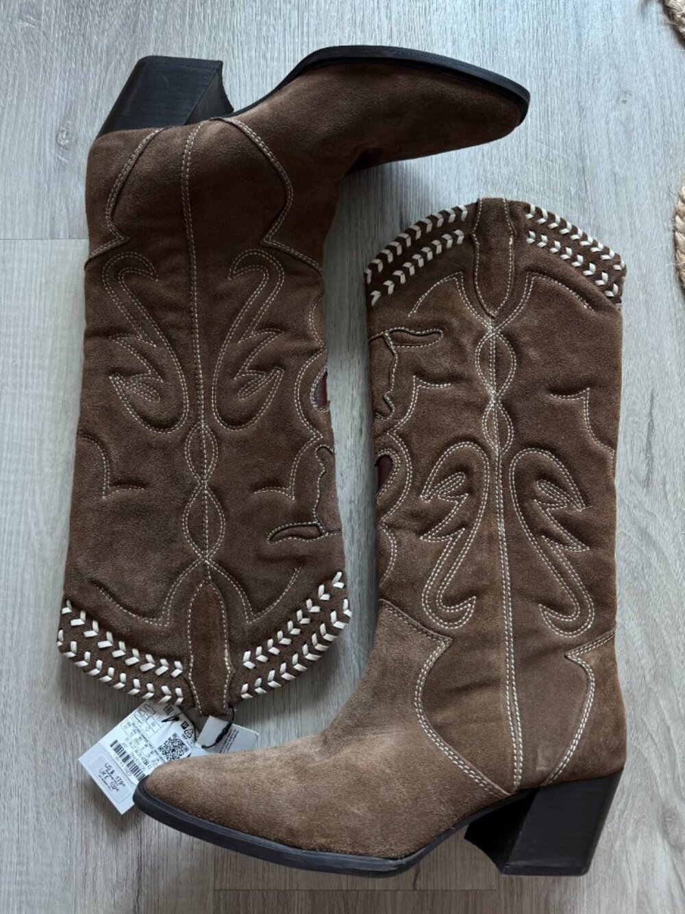 ZARA Suede Embroidered Cowboy Boots | Heart Cutout | Whipstitch | Brown | NWT | - Picture 9 of 16